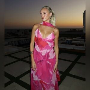 Zara Vibrant Pink long maxi Dress scarf evening party wedding coctail